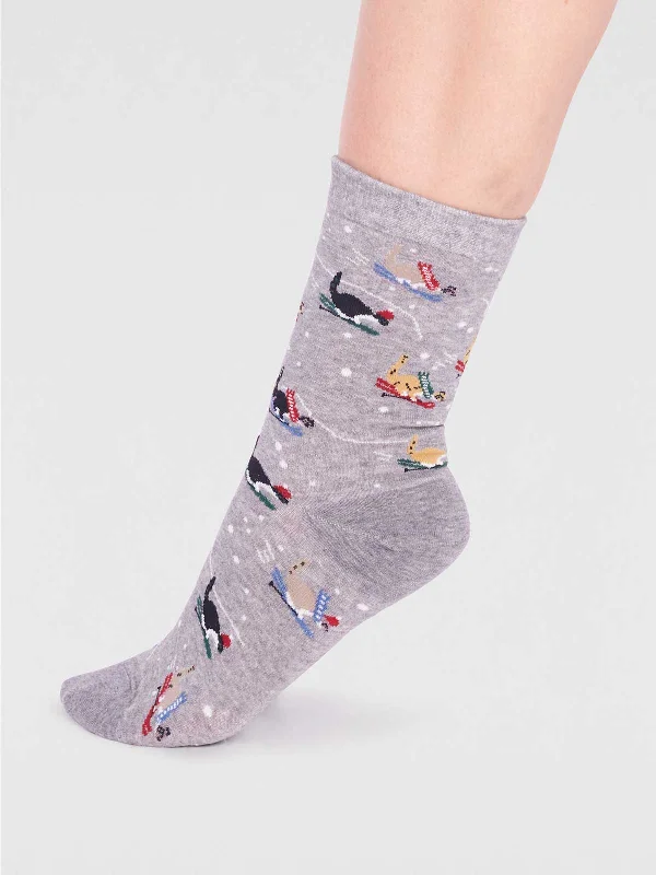 Amaryllis Organic Cotton Skiing Cat Sock - Grey Marle