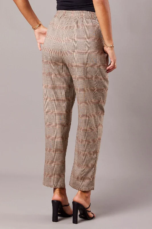 Beige Check Tapered Pants Elasticated Waist Cropped