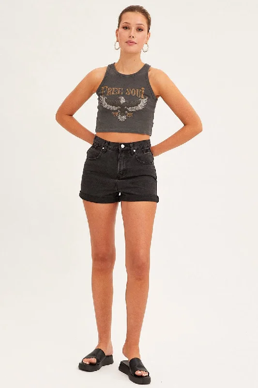 Black Paperbag Denim Shorts High Rise