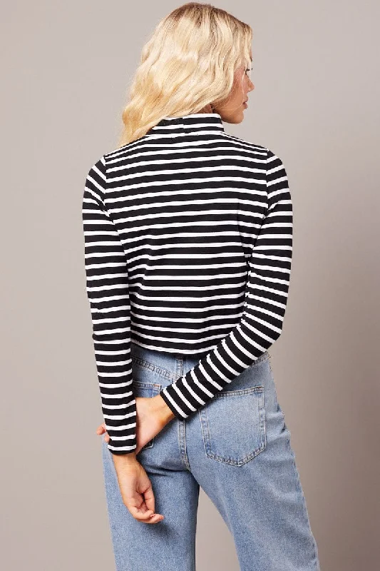 Black Stripe Top Long Sleeve High Neck