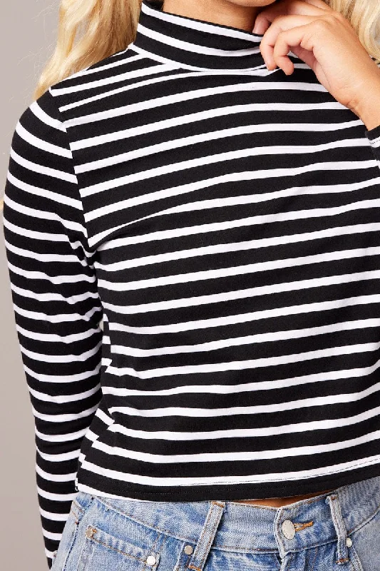 Black Stripe Top Long Sleeve High Neck