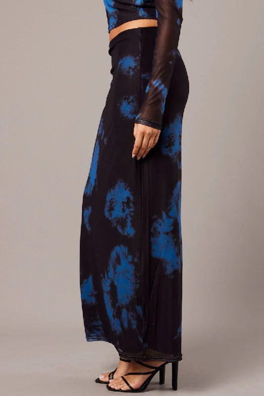 Blue Abstract Maxi Skirt High Rise Mesh