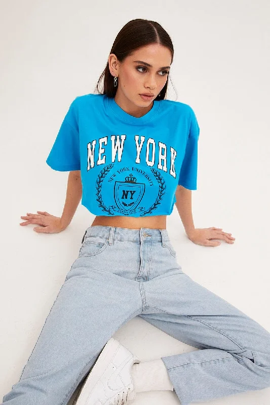 Blue Crop T Shirt Short Sleeve Crew Neck New York