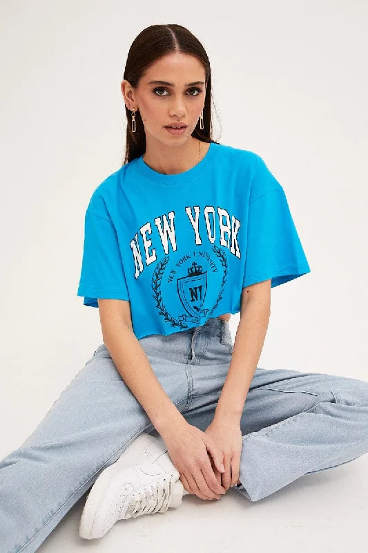 Blue Crop T Shirt Short Sleeve Crew Neck New York