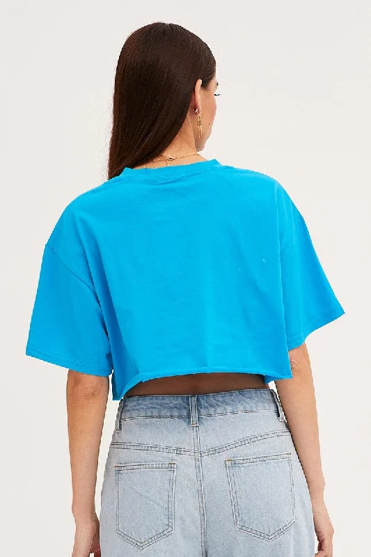 Blue Crop T Shirt Short Sleeve Crew Neck New York