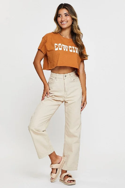 Brown Graphic T Shirt Crop