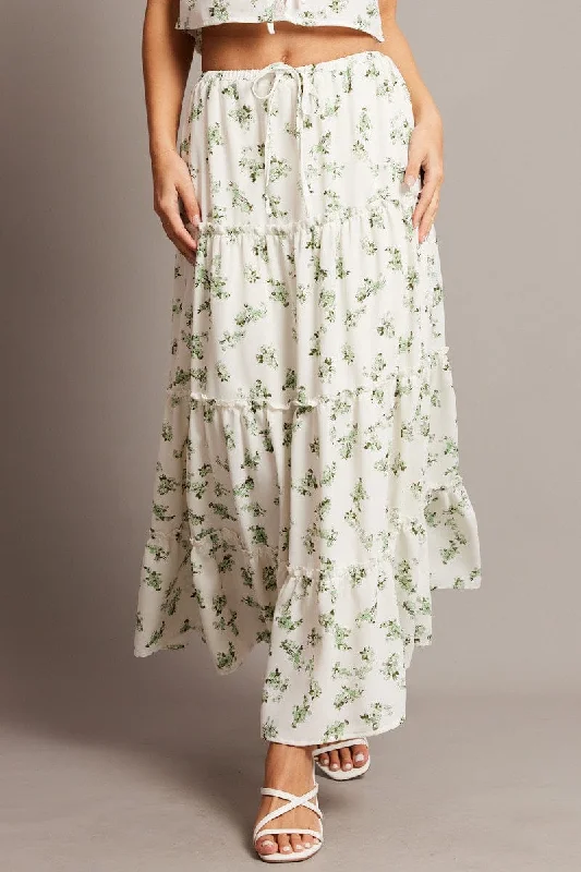 Green Floral Maxi Skirt Tiered High Rise Elastic Waistband