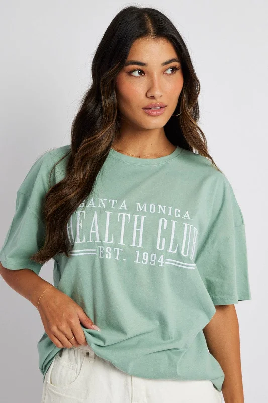 Green Graphic Tee Health Club Embroidery Slogan T-shirt