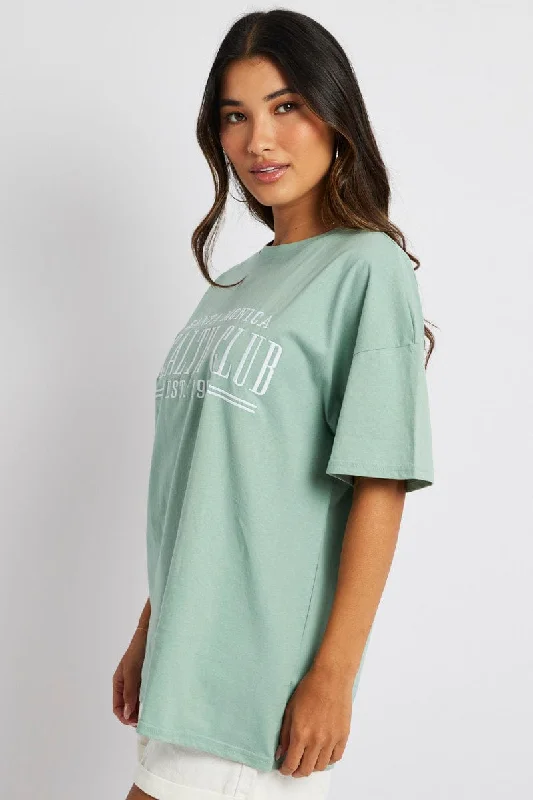 Green Graphic Tee Health Club Embroidery Slogan T-shirt