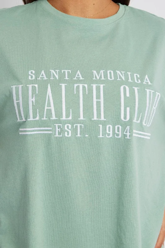 Green Graphic Tee Health Club Embroidery Slogan T-shirt