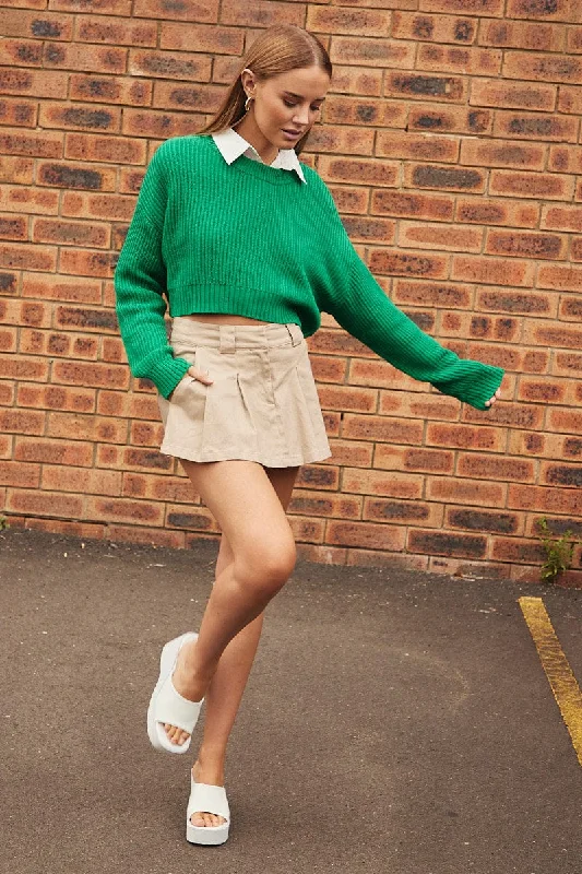 Green Knit Jumper Round Neck Long Sleeve Crop Cotton