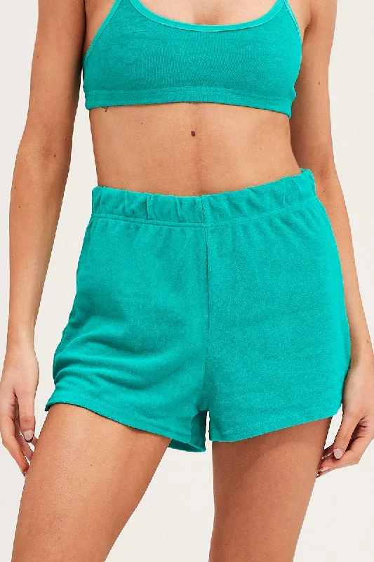 Green Mini Shorts High Rise Terry