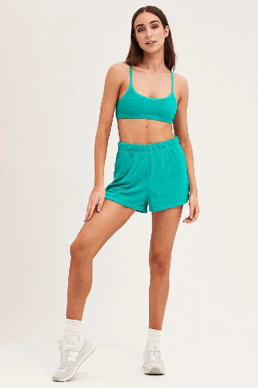 Green Mini Shorts High Rise Terry