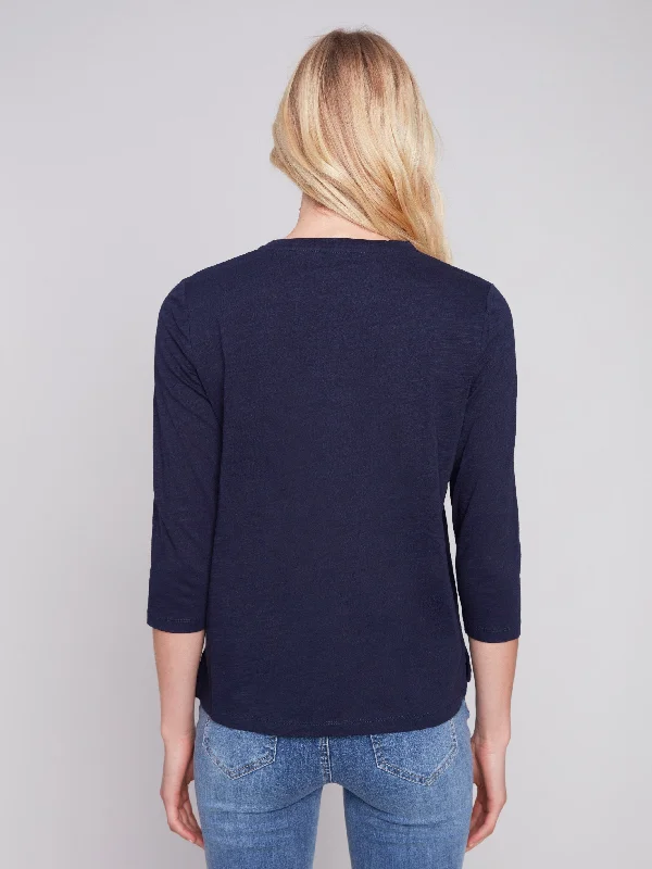 Organic Cotton Slub Knit Top - Navy