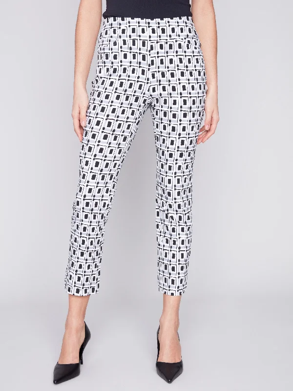 Printed Capri Pants with Hem Slit - Checker