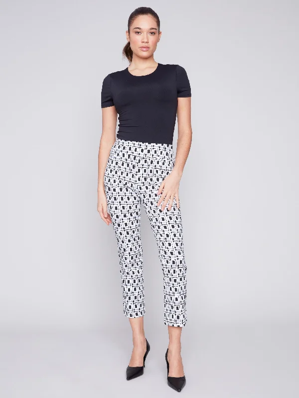 Printed Capri Pants with Hem Slit - Checker