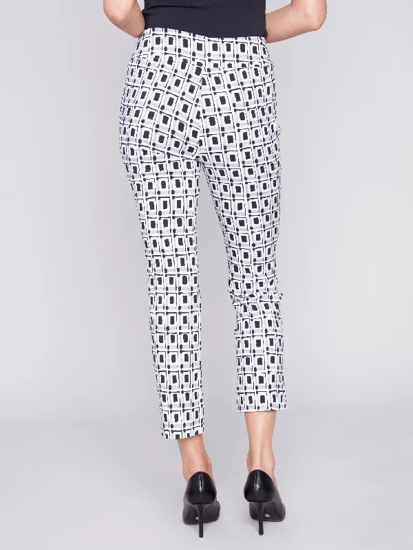 Printed Capri Pants with Hem Slit - Checker