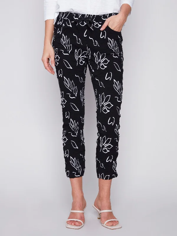 Printed Crinkle Jogger Pants - Leaves