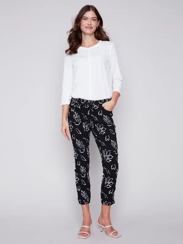 Printed Crinkle Jogger Pants - Leaves