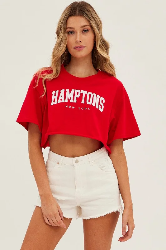 Red Crop T Shirt Short Sleeve Crew Neck Hamptons