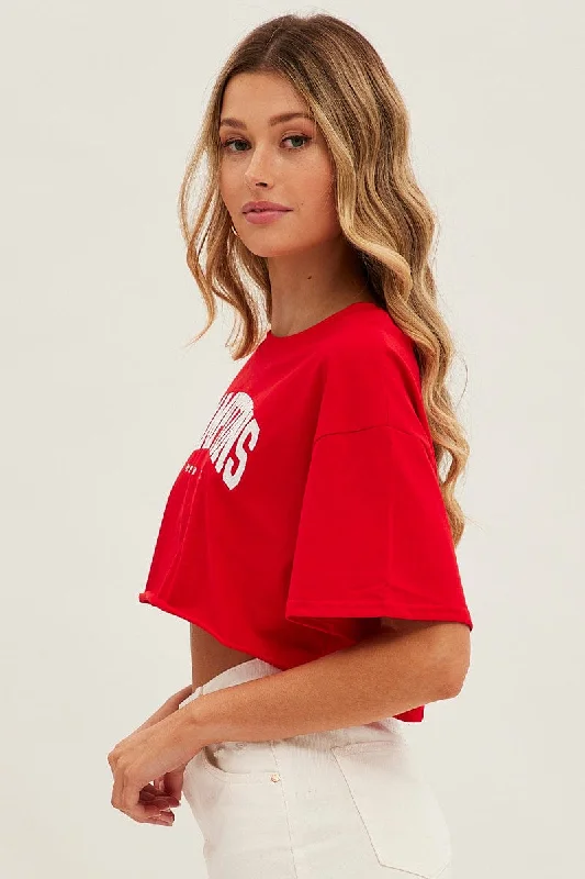 Red Crop T Shirt Short Sleeve Crew Neck Hamptons