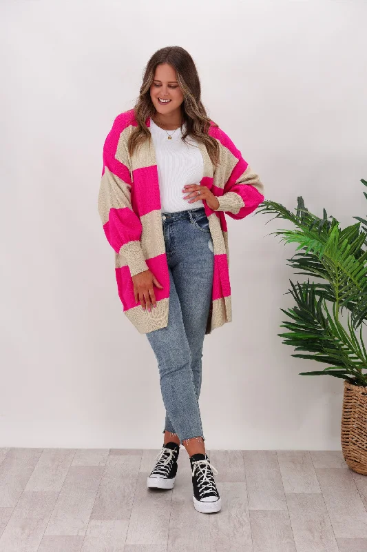 Shine On Label Maceo Striped Cardigan Oatmeal Marl & Pink