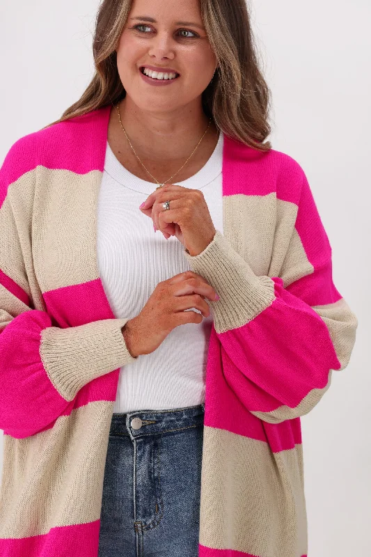 Shine On Label Maceo Striped Cardigan Oatmeal Marl & Pink