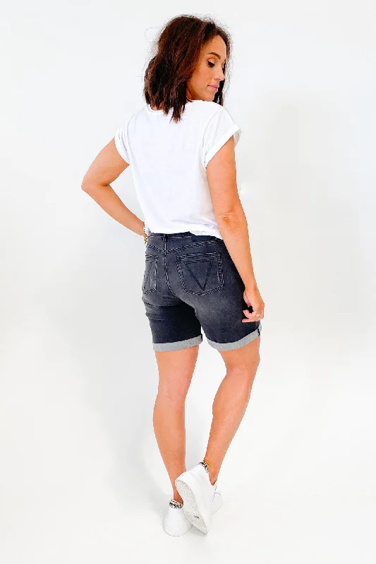 Shine On Label Stretch Denim Boyfriend Shorts Washed Charcoal