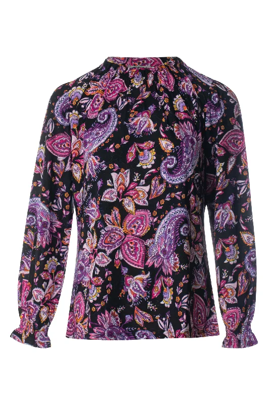 Printed Slinky Top with neck frill | Pink Lilac Paisley | 7403ZZ