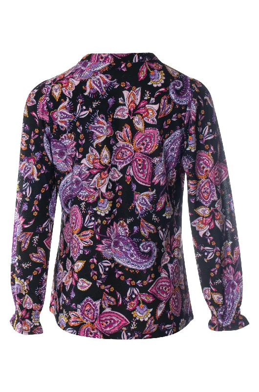 Printed Slinky Top with neck frill | Pink Lilac Paisley | 7403ZZ