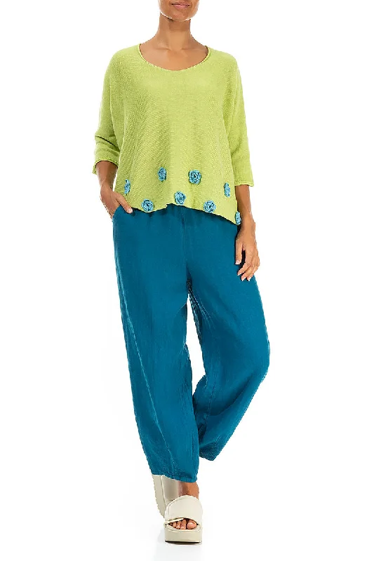 Turquoise Flowers Decorated Lime Linen Jumper