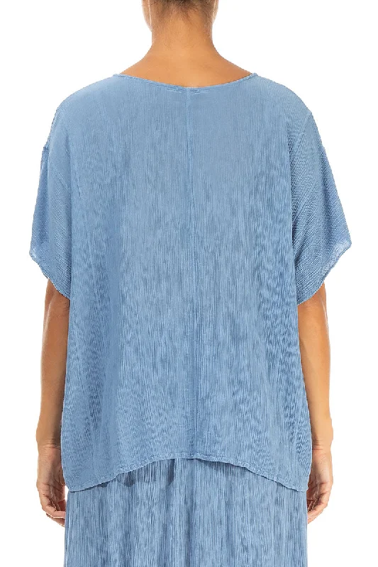 V-Neck Crinkled Light Denim Silk Viscose Blouse