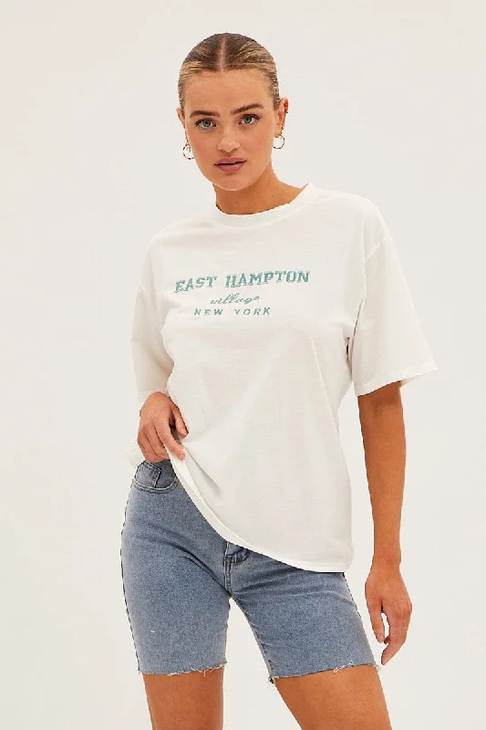 White Embroided Crew Neck Short Sleeve T Shirt