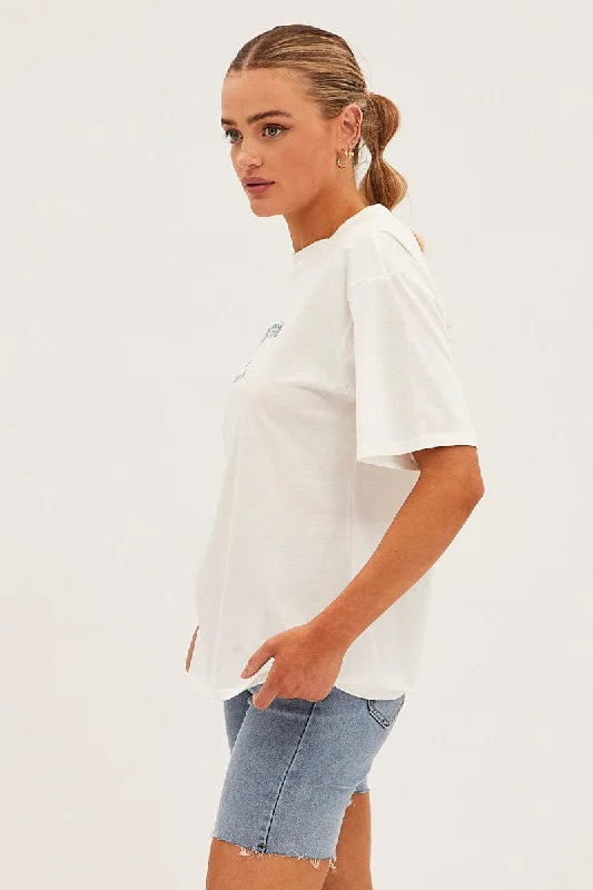 White Embroided Crew Neck Short Sleeve T Shirt