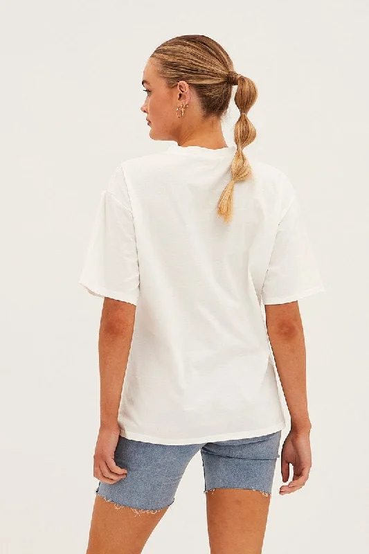 White Embroided Crew Neck Short Sleeve T Shirt