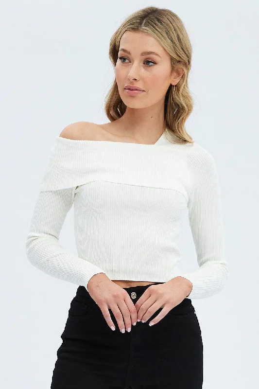 White Knit Top Off The Shoulder Ribbed