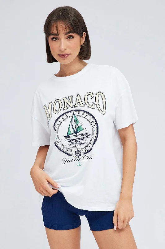 White Print Graphic Tee Monaco Yacht Club Slogan T-shirt