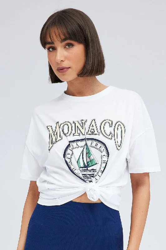 White Print Graphic Tee Monaco Yacht Club Slogan T-shirt