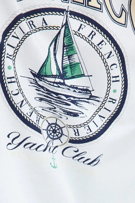 White Print Graphic Tee Monaco Yacht Club Slogan T-shirt