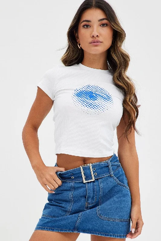 White Rib Tee Short Sleeves Crew Neck Longline Eye Print