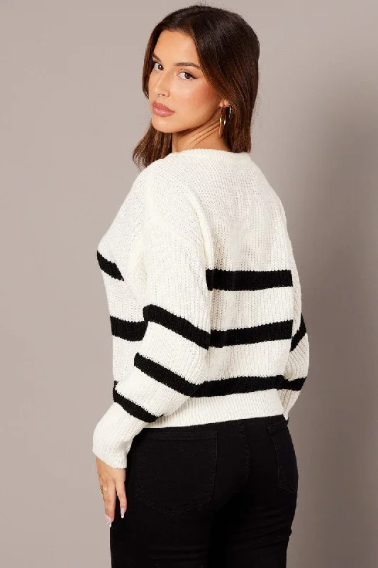 White Stripe Knit Jumper Long Sleeve