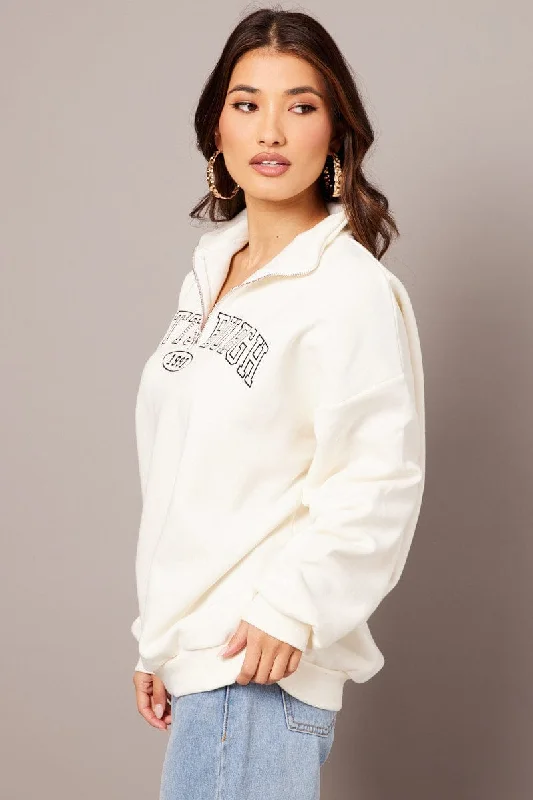 White Zip Neck Sweater Oversized