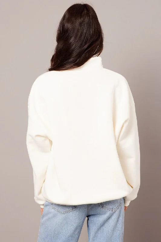 White Zip Neck Sweater Oversized