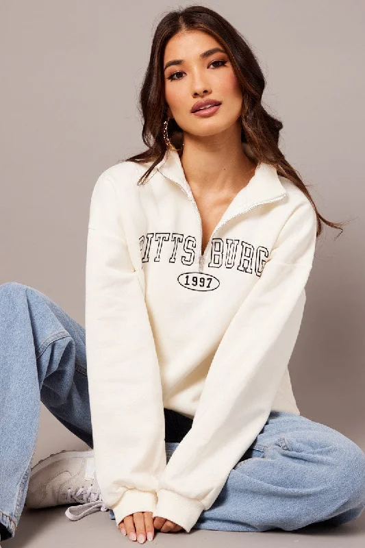 White Zip Neck Sweater Oversized