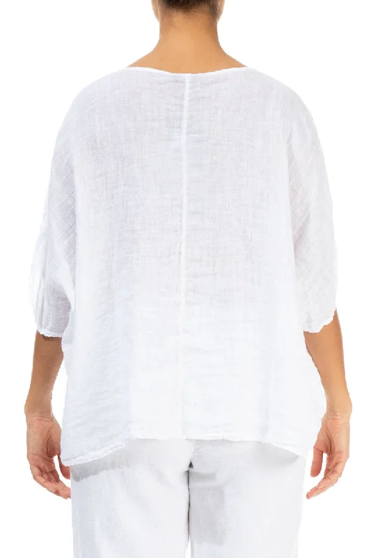 Wide Boxy White Gauze Linen Blouse