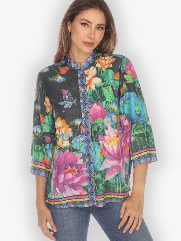 Botanical Butterfly Black Citron Style Blouse