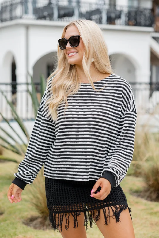 Caught My Eye Black And Ivory Striped Knit Pullover