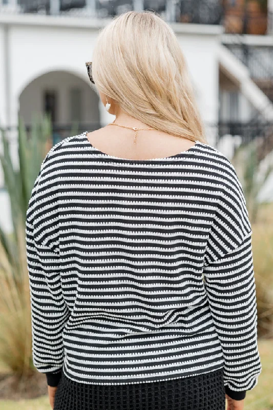 Caught My Eye Black And Ivory Striped Knit Pullover