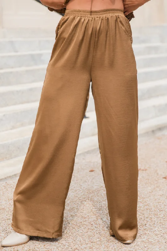 Downtown Meetup Sand Satin Wide Leg Pants