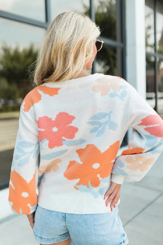 Fact Of The Matter Coral Multi Floral Crew Neck Sweater